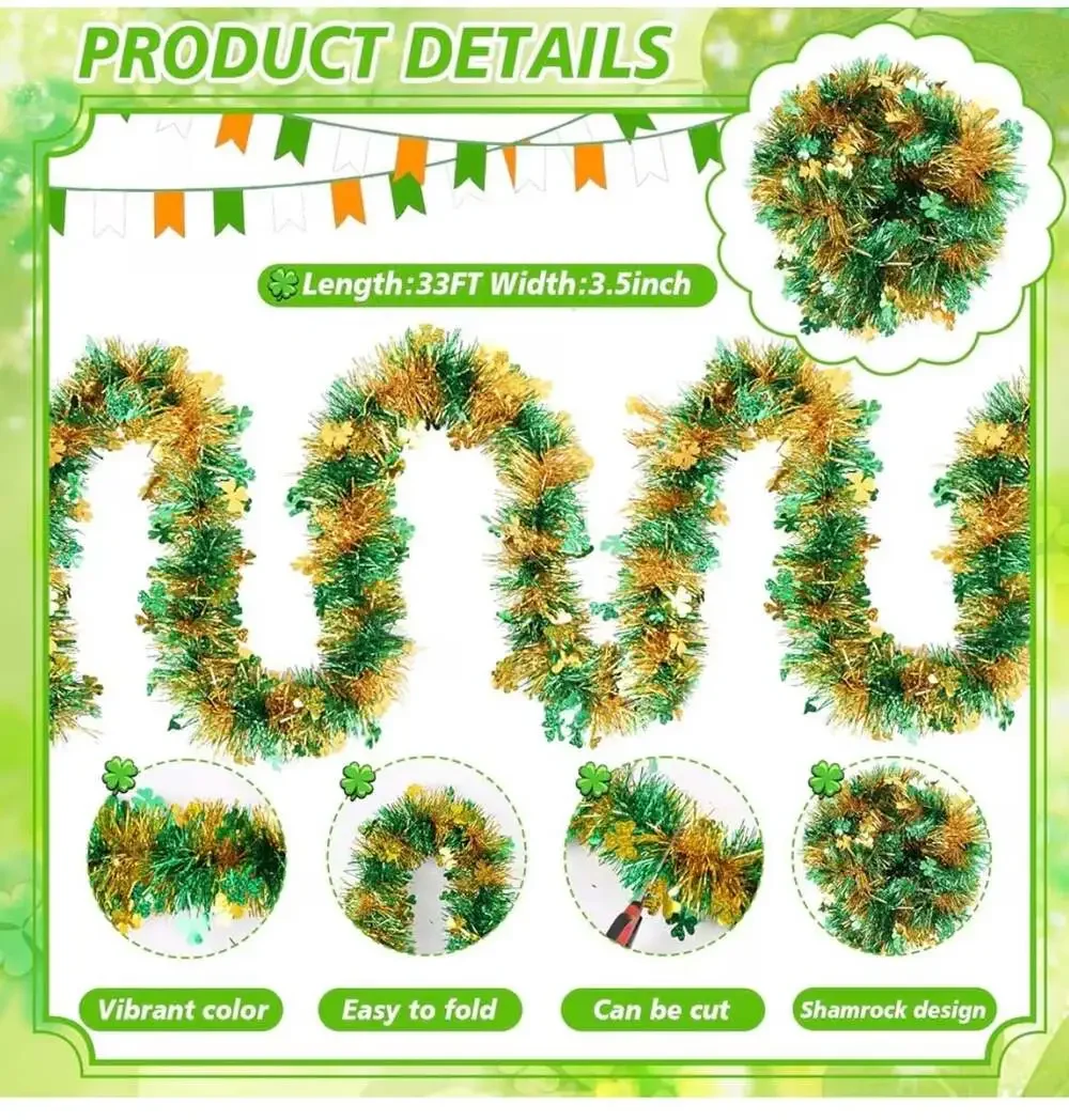 FOIMAS 33 Feet St. Patrick's Day Shamrock Tinsel Garland Green and Gold
